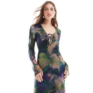 ASOS DESIGN Long Sleeve Tie Front Midi Dress Bias Cut Skirt In Floral Grunge NWT